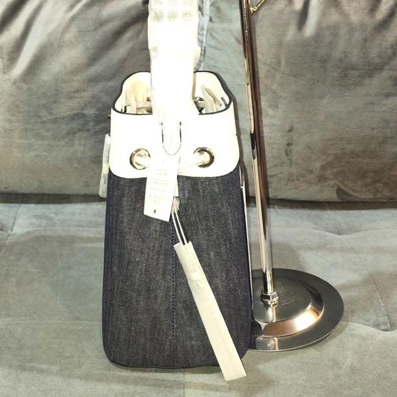 NWT KATE SPADE NEW YORK "MARTI" NAVY DENIM & WHITE LEATHER BUCKET SHOULDER BAG - Picture 10 of 16